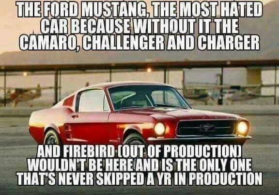 The Ford Mustang, the most hated car because without it the Camaro, Challenger and Charger and Firebird (out of production) wouldn't be here and is the only one that's never skipped a year in production.