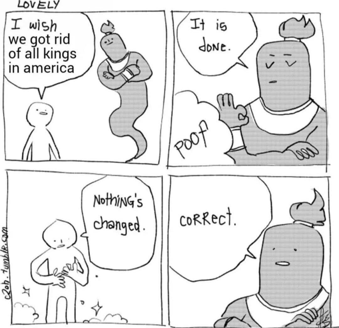 LOVELY
I wish we got rid of all kings in america
It is done.
POOF
Nothing's changed.
CORRECT.