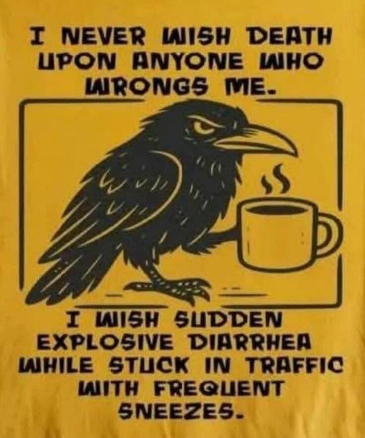 I NEVER WISH DEATH UPON ANYONE WHO WRONGS ME. I WISH SUDDEN EXPLOSIVE DIARRHEA WHILE STUCK IN TRAFFIC WITH FREQUENT SNEEZES.