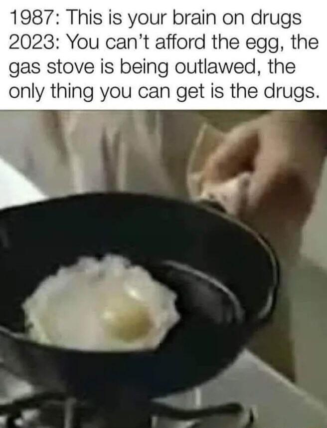 1987 This is your brain on drugs 2023 You cant afford the egg the gas stove is being outlawed the only thing you can get is the drugs