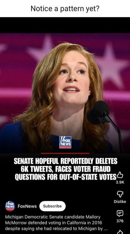 Notice a pattern yet? SENATE HOPEFUL REPORTEDLY DELETES 6K TWEETS, FACES VOTER FRAUD QUESTIONS FOR OUT-OF-STATE VOTES. Fox News. Subscribe. Michigan Democratic Senate candidate Mallory McMorrow defended voting in California in 2016 despite saying she had relocated to Michigan by...