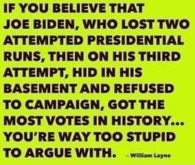 IF YOU BELIEVE THAT JOE BIDEN WHO LOST TWO ATTEMPTED PRESIDENTIAL RUNS THEN ON HIS THIRD ATTEMPT HID IN HIS BASEMENT AND REFUSED TO CAMPAIGN GOT THE MOST VOTES IN HISTORY YOURE WAY TOO STUPID TO ARGUE WITH vitiem toyee