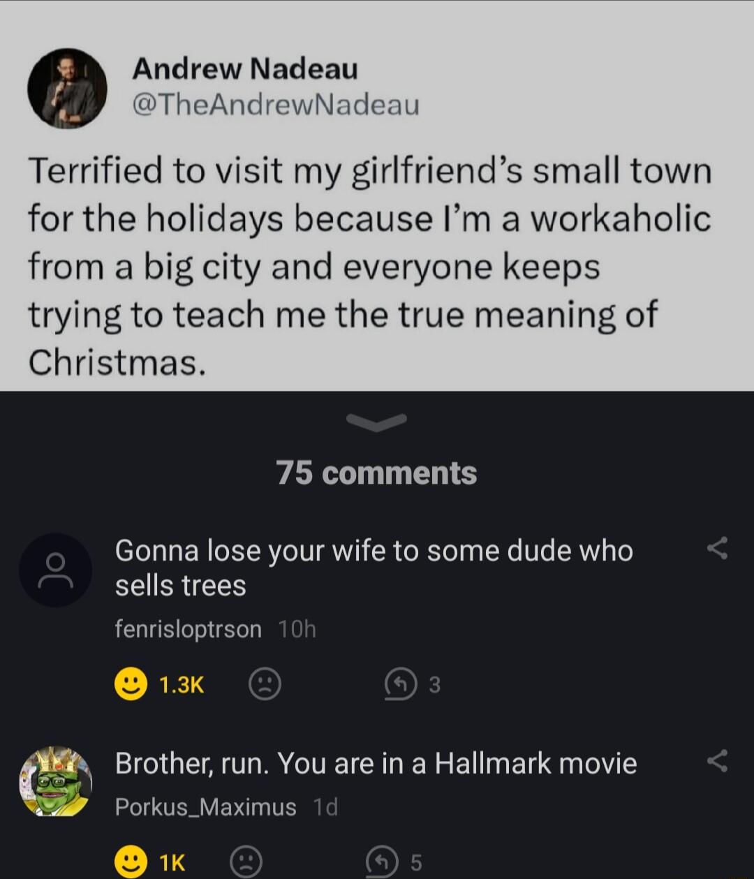 Andrew Nadeau TheAndrey au Terrified to visit my girlfriends small town for the holidays because Im a workaholic from a big city and everyone keeps trying to teach me the true meaning of Christmas 75 comments Gonna lose your wife to some dude who sells trees fenrisloptrson Brother run You are in a Hallmark movie Porkus_Maximus