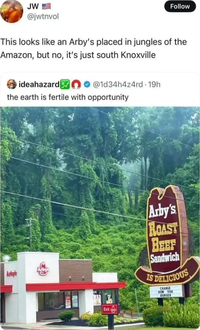 Jw jwnvol This looks like an Arbys placed in jungles of the Amazon but no its just south Knoxville ideahazardf 1d34hdzard 19h the earth is fertile with opportunity