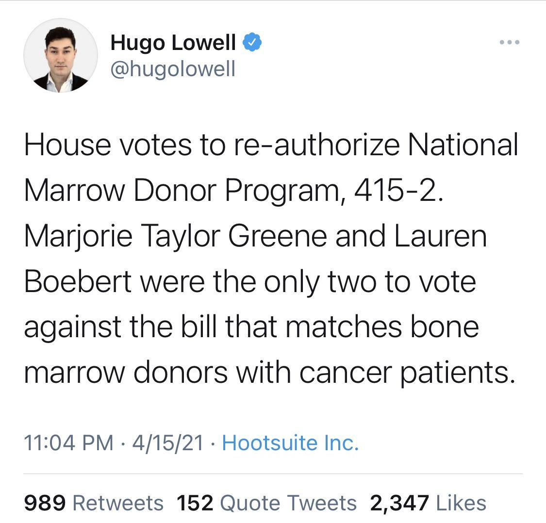 g Hugo Lowell hugolowell House votes to re authorize National Marrow Donor Program 415 2 Marjorie Taylor Greene and Lauren Boebert were the only two to vote against the bill that matches bone marrow donors with cancer patients 1104 PM 41521 Hootsuite Inc 989 Retweets 152 Quote Tweets 2347 Likes