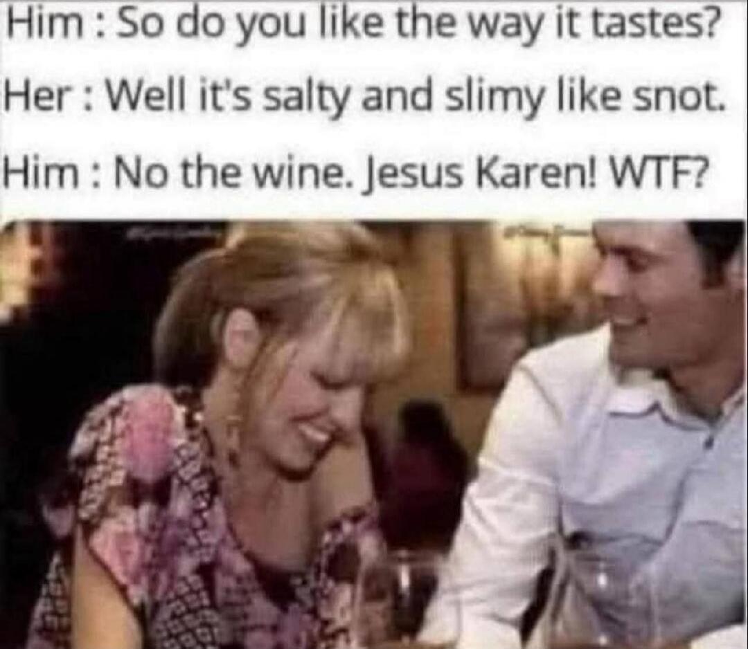 Him: So do you like the way it tastes? Her: Well it's salty and slimy like snot. Him: No the wine. Jesus Karen! WTF?