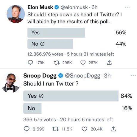 Elon Musk elonmusk 6h Should step down as head of Twitter will abide by the results of this poll Yes 56 No 44 12366976 votes 5 hours 31 minutes left O ek 29k QO 267k A Snoop Dogg SnoopDogg 3h Should I run Twitter Yes 84 No 16 366575 votes 20 hours 6 minutes left Q 2599 1 nsk Q 204k A