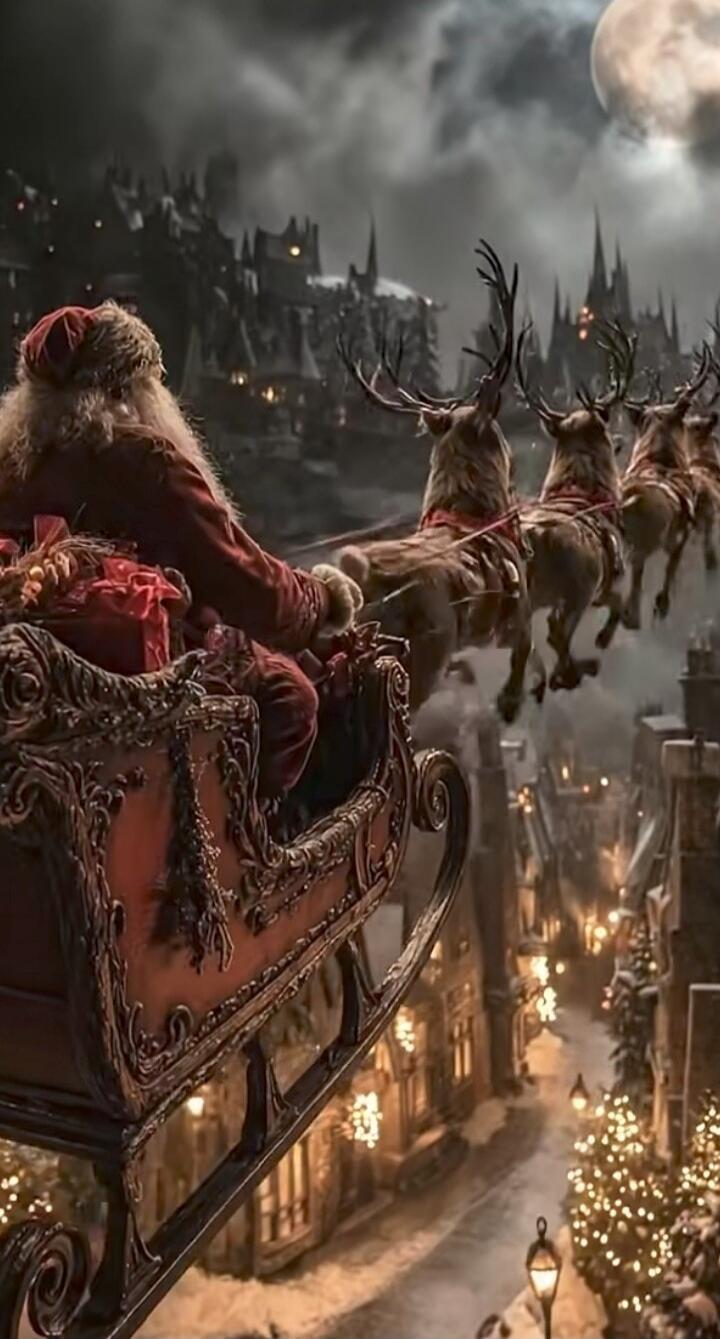 Santa Claus riding a decorated sleigh pulled by reindeer over a snowy city at night.