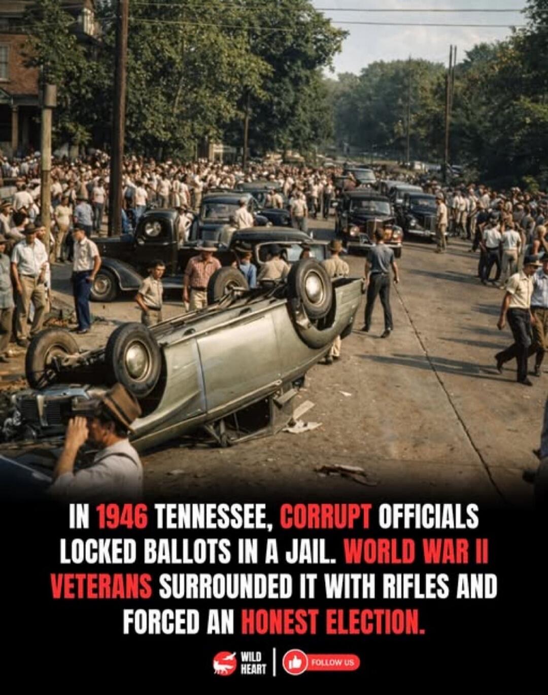IN 1946 TENNESSEE, CORRUPT OFFICIALS LOCKED BALLOTS IN A JAIL. WORLD WAR II VETERANS SURROUNDED IT WITH RIFLES AND FORCED AN HONEST ELECTION.