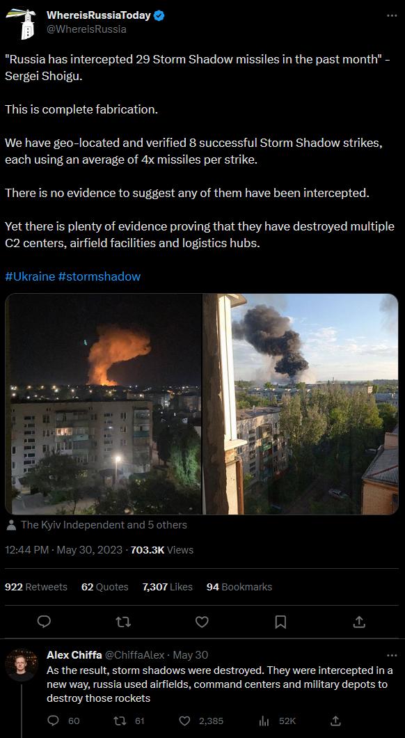 1 WhereisRussisToday Russia has intercepted 29 Storm Shadow missiles in the past month Sergei Shoigu This is complete fabrication We have geo located and verified 8 successful Storm Shadow strikes each using an average of 4x missiles per strike There is no evidence to suggest any of them have been intercepted Yet there is plenty of evidence proving that they have destroyed multiple C2 centers airf