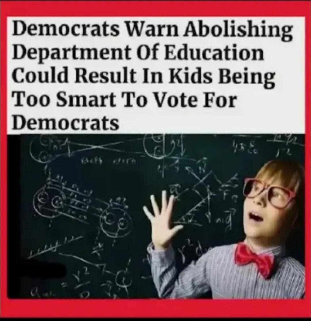 Democrats Warn Abolishing Department Of Education Could Result In Kids Being Too Smart To Vote For Democrats. A child wearing large red glasses and a bow tie stands in front of a blackboard covered with mathematical formulas and diagrams, making an expressive gesture.