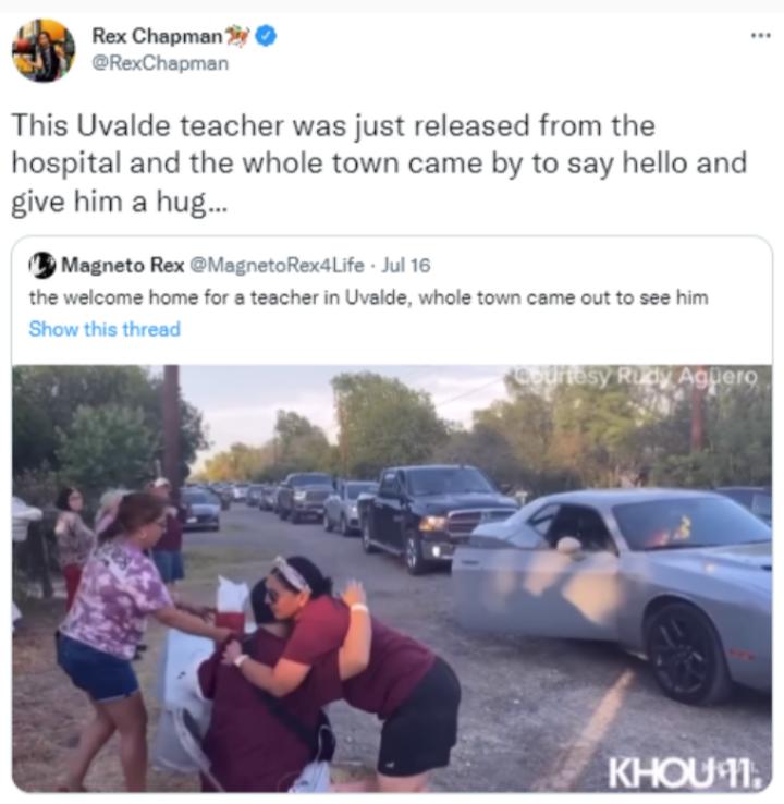 Rex Chapman 3 GRexChapmar This Uvalde teacher was just released from the hospital and the whole town came by to say hello and give him a hug Magneto Rex MagnetoRexlife Ju the welcome home for a teacher in Uvalde whale town came out to see him Agjerc