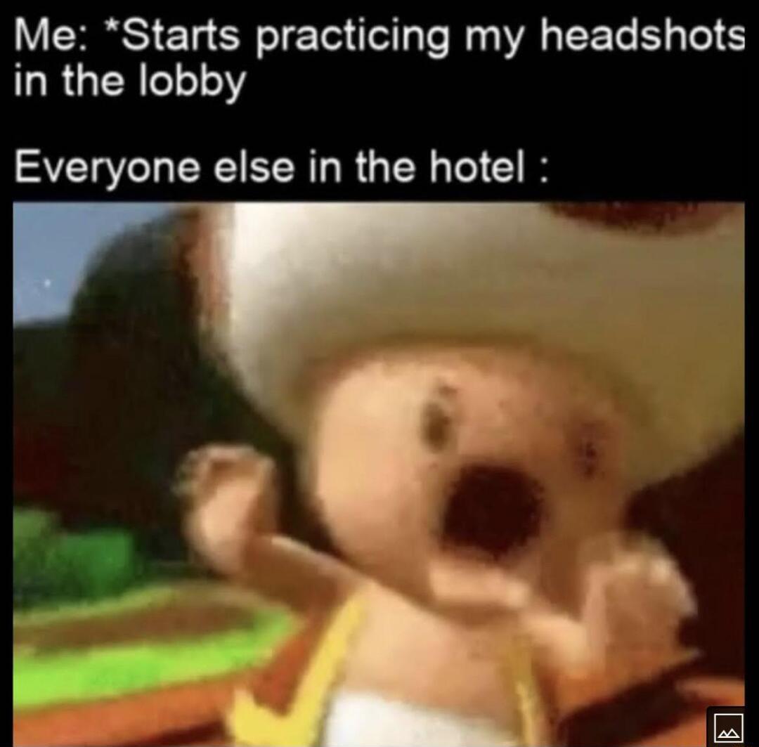 Me Starts practicing my headshots in the lobby Everyone else in the hotel