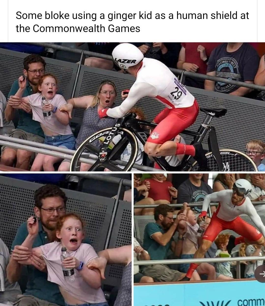 Some bloke using a ginger kid as a human shield at the Commonwealth Games