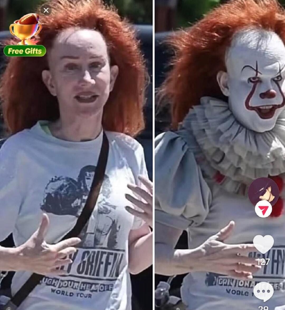 FREE GIFTS (sticker) and a graphic on the shirt that reads WORLD TOUR; split-screen showing a person with a bright red wig on the left and a clown with white face makeup on the right.