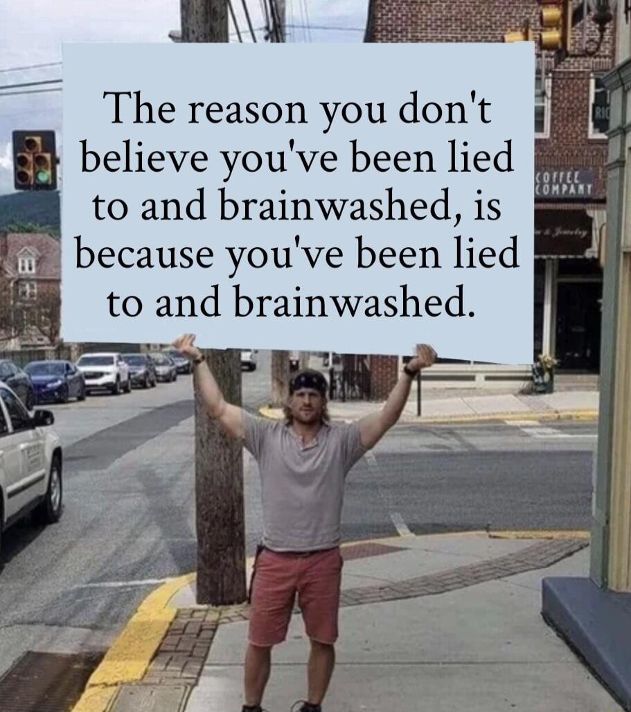 The reason you dont Bt believe youve been lied to and brainwashed is it because youve been lied to and brainwashed