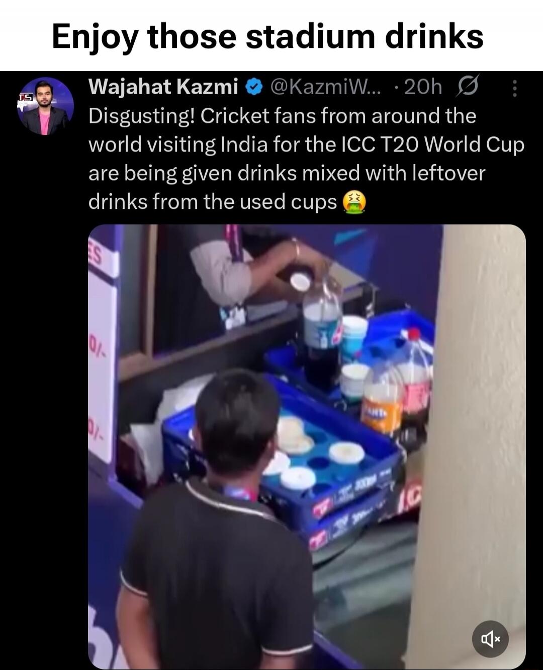 Enjoy those stadium drinks
Disgusting! Cricket fans from around the world visiting India for the ICC T20 World Cup are being given drinks mixed with leftover drinks from the used cups 🤮