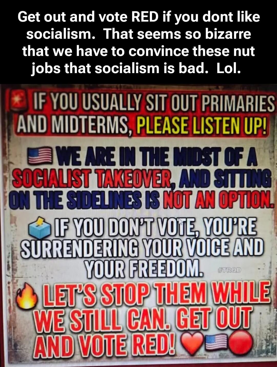 Get out and vote RED if you don't like socialism. That seems so bizarre that we have to convince these nut jobs that socialism is bad. Lol. IF YOU USUALLY SIT OUT PRIMARIES AND MIDTERMS, PLEASE LISTEN UP! WE ARE IN THE MIDST OF A SOCIALIST TAKEOVER, AND SITTING ON THE SIDELINES IS NOT AN OPTION. IF YOU DON'T VOTE, YOU'RE SURRENDERING YOUR VOICE AND