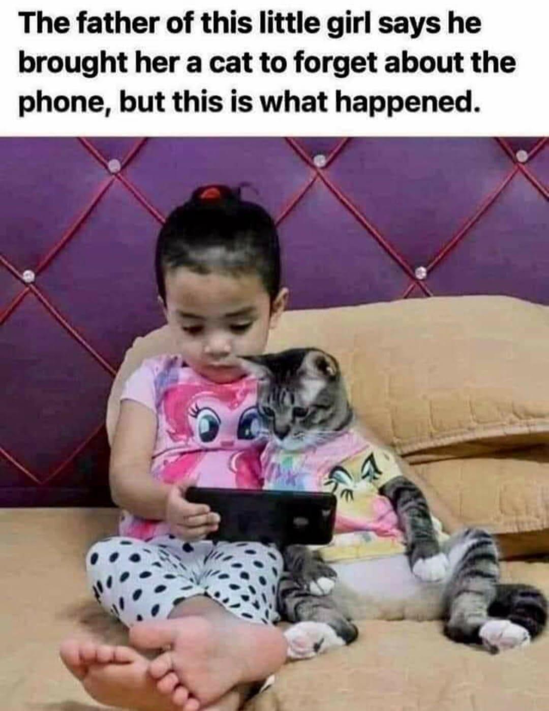 The father of this little girl says he brought her a cat to forget about the phone but this is what happened