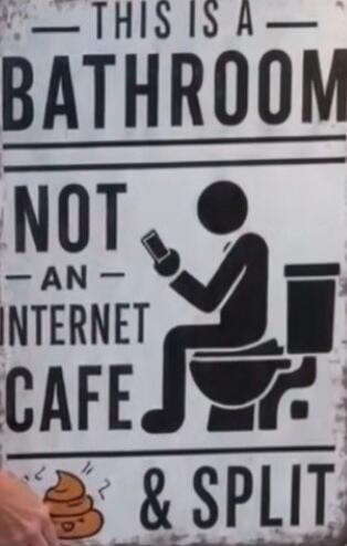 This is a bathroom, not an internet cafe. A stick figure is sitting on a toilet, looking at a phone. Below, a cartoon poop emoji is shown.