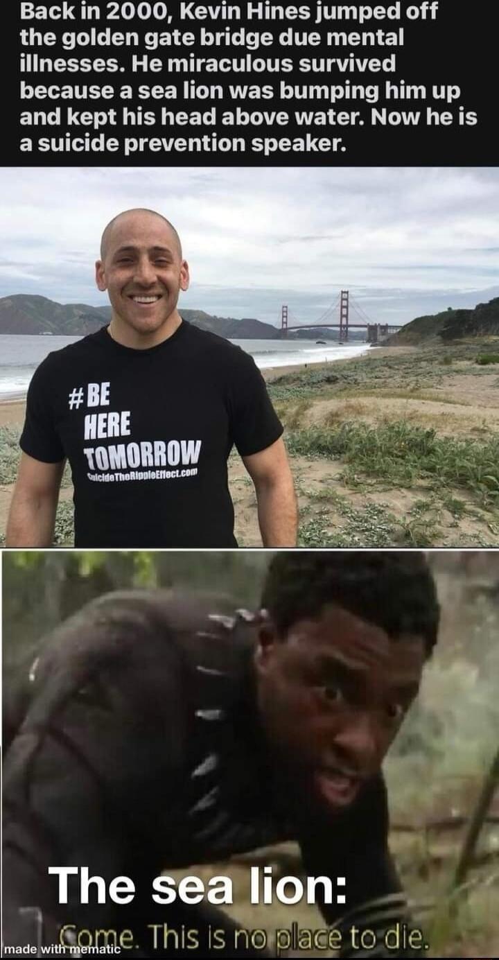 Back in 2000 Kevin Hines jumped off the golden gate bridge due mental ilinesses He miraculous survived because a sea lion was bumping him up ELCEC T CEL ETTTAVET CIA VR R a suicide prevention speaker Some Thi Imadejwith fgehian