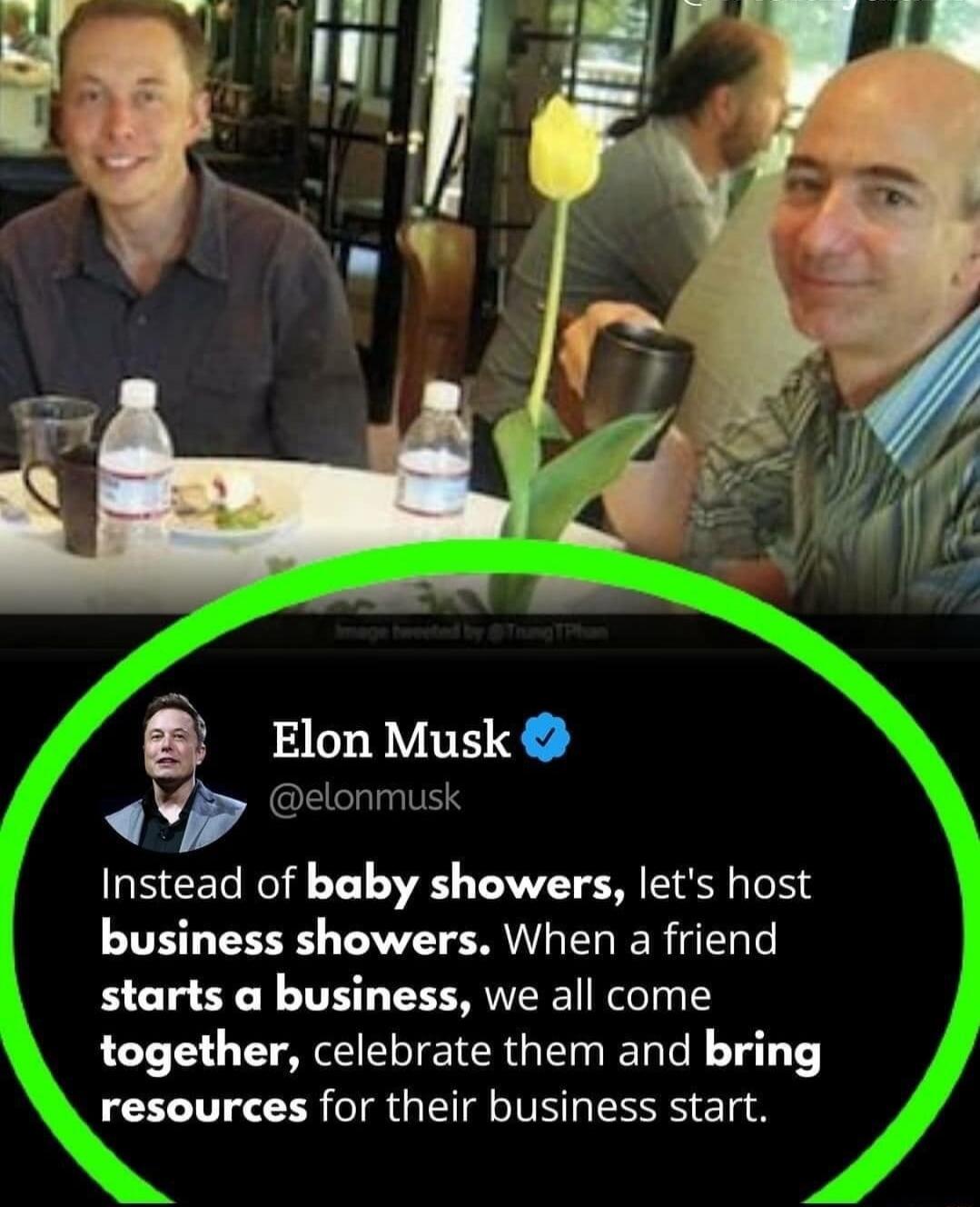 2 Elon Musk elonmusk Instead of baby showers lets host business showers When a friend starts a business we all come together celebrate them and bring resources for their business start