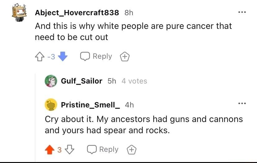 Abject_Hovercraftg3s sh And this is why white people are pure cancer that need to be cut out G3 Qrey ouit_sailor 5n Cry about it My ancestors had guns and cannons and yours had spear and rocks 230 Orey e_Smell_ 4n