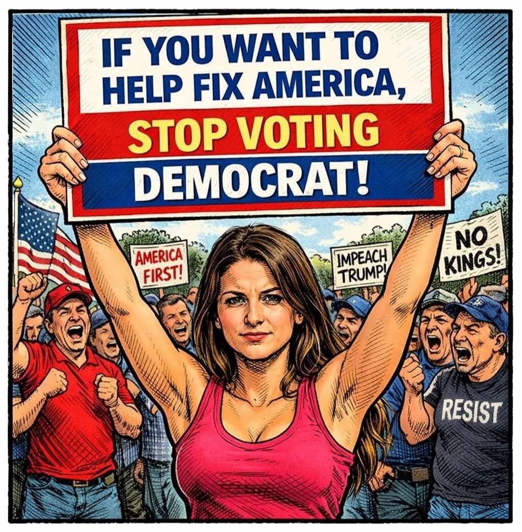 IF YOU WANT TO HELP FIX AMERICA, STOP VOTING DEMOCRAT! AMERICA FIRST! IMPEACH TRUMP! NO KINGS! RESIST