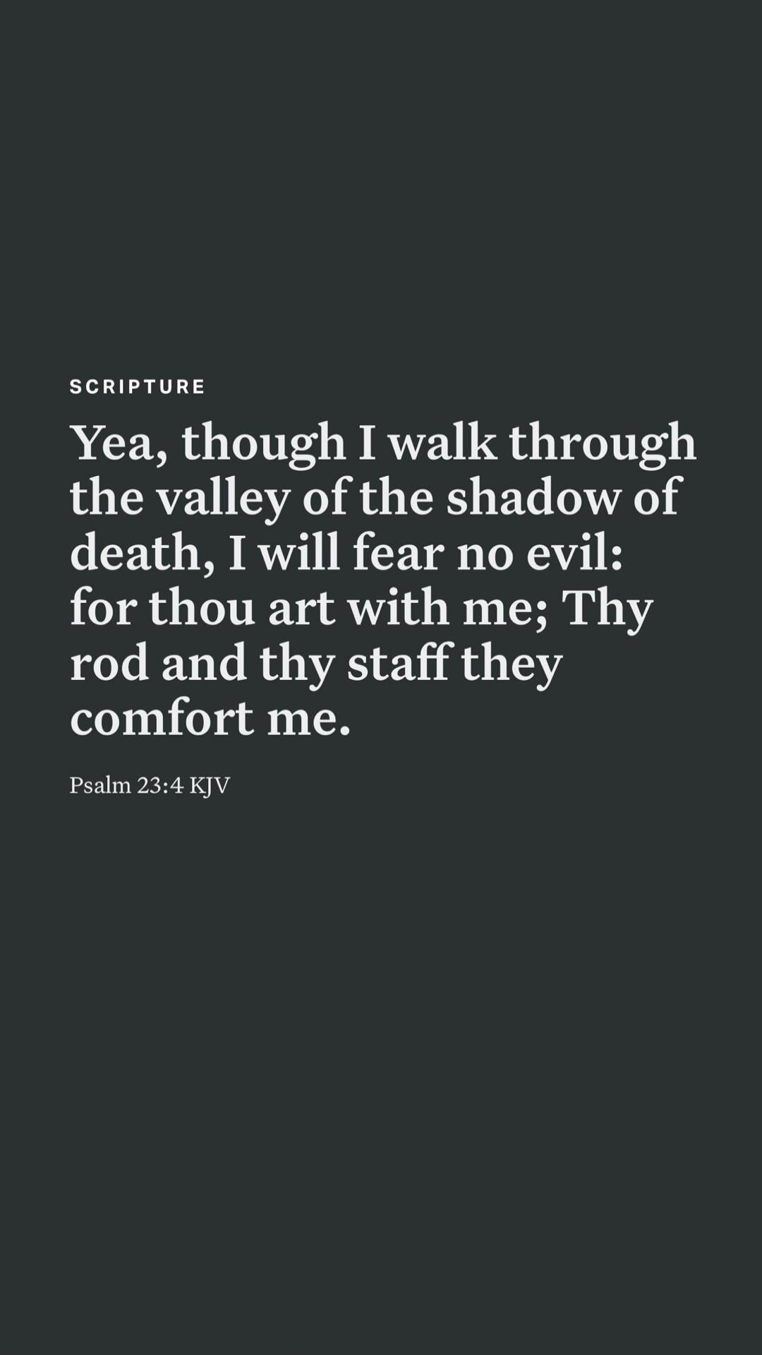 Yea, though I walk through the valley of the shadow of death, I will fear no evil: for thou art with me; Thy rod and thy staff they comfort me.

Psalm 23:4 KJV