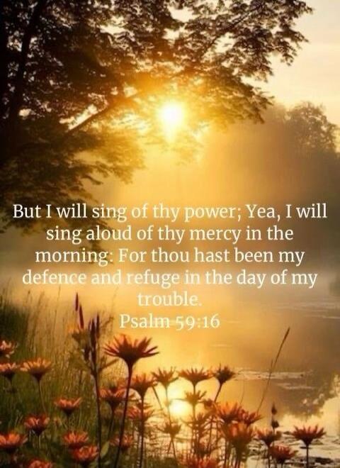 But I will sing of thy power; Yea, I will sing aloud of thy mercy in the morning: For thou hast been my defence and refuge in the day of my trouble. Psalm 59:16