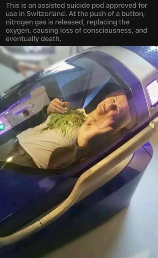 This is an assisted suicide pod approved for use in Switzerland At the push of a button nitrogen gas is released replacing the oxygen causing loss of consciousness and eventually death