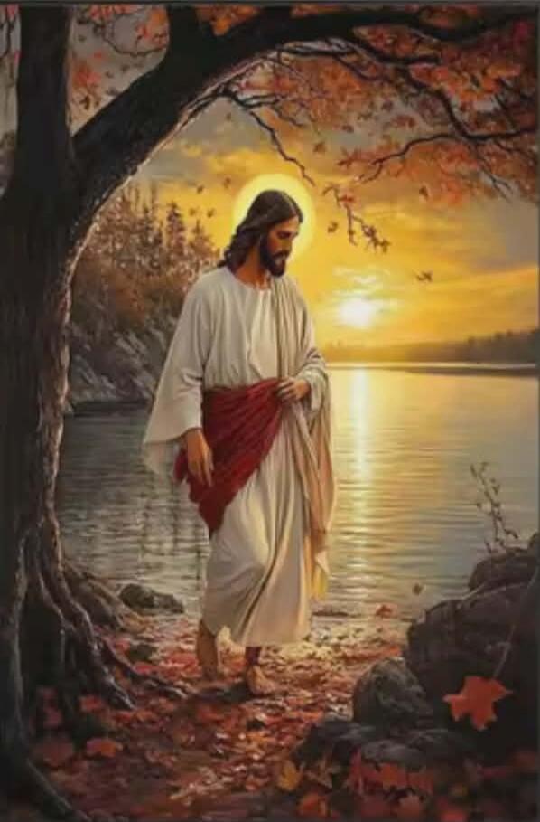 Jesus walking by a lake at sunset, autumn leaves on the ground, trees, calm water