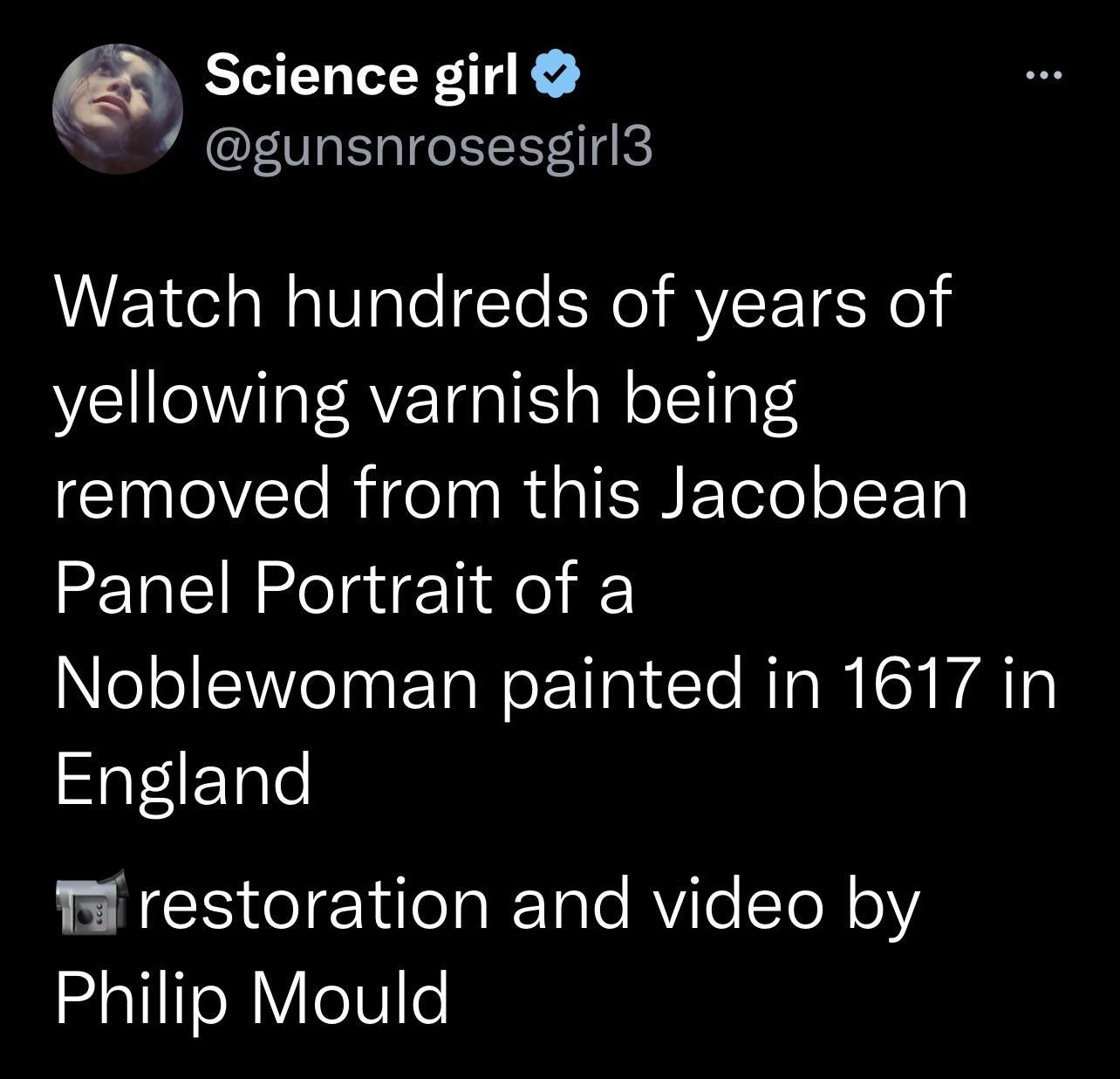 Science girl gunsnrosesgirl3 Watch hundreds of years of yellowing varnish being removed from this Jacobean Panel Portrait of a Noblewoman painted in 1617 in SlaTFTale T restoration and video by Philip Mould