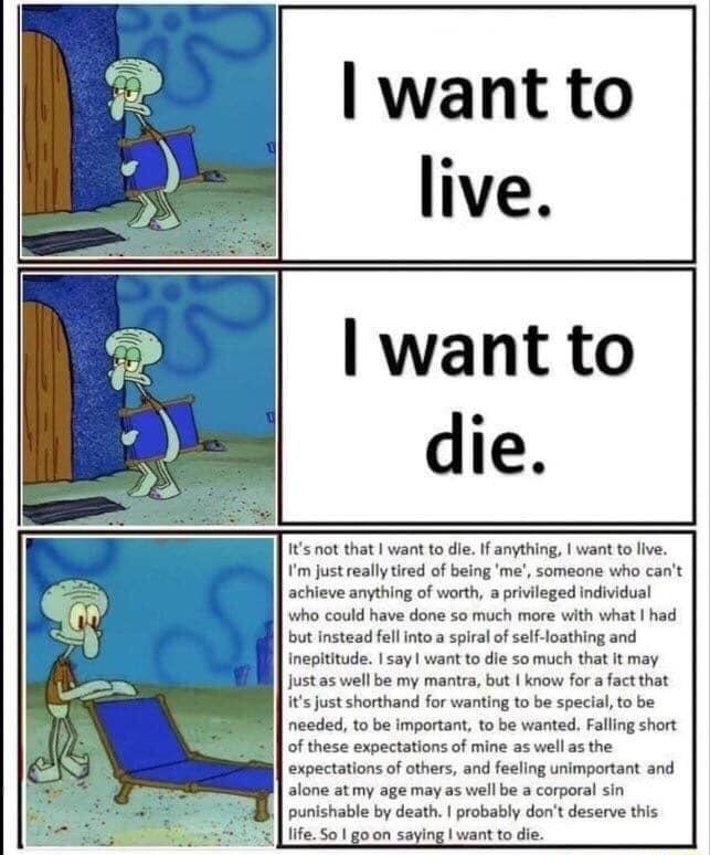 Its not that want to dle If anything want to live Im just really tired of being me someone who cant achieve anything of worth a privileged individual who could have done so much more with what had but instead fell into a spiral of self loathing and inepititude say want to die so much that it may Justas well be my mantra but know for a fact that its just shorthand for wanting to be special to be ne