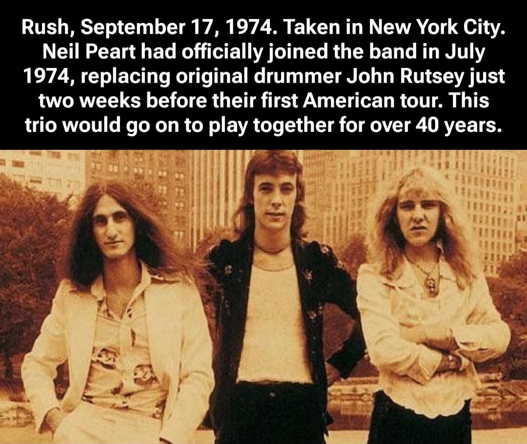 Rush, September 17, 1974. Taken in New York City. Neil Peart had officially joined the band in July 1974, replacing original drummer John Rutsey just two weeks before their first American tour. This trio would go on to play together for over 40 years.