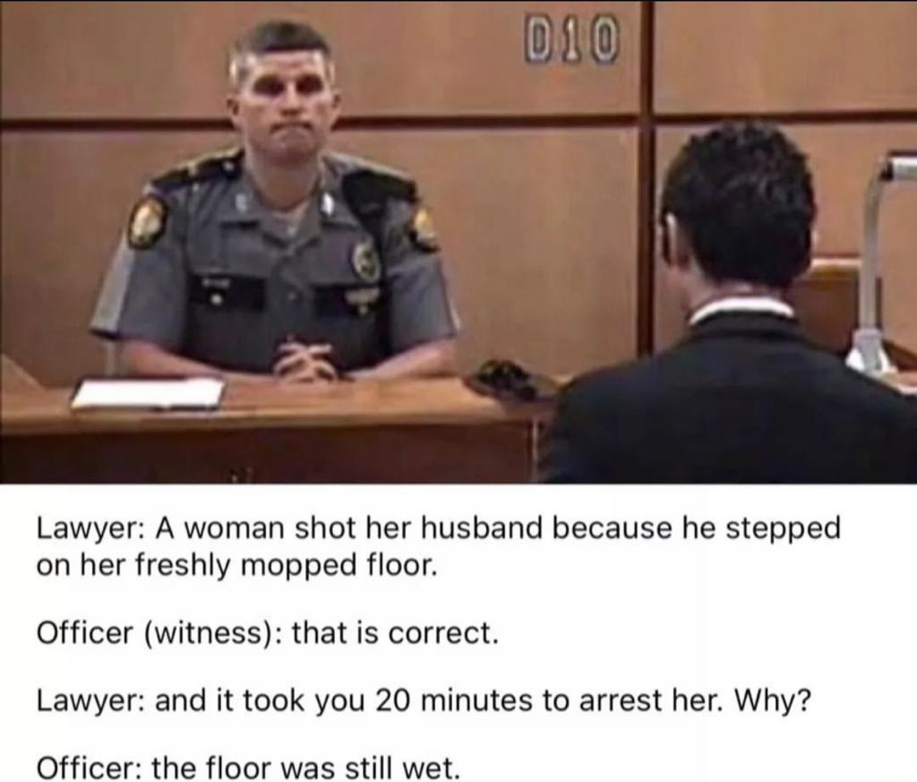 Lawyer A woman shot her husband because he stepped on her freshly mopped floor Officer witness that is correct Lawyer and it took you 20 minutes to arrest her Why Officer the floor was still wet
