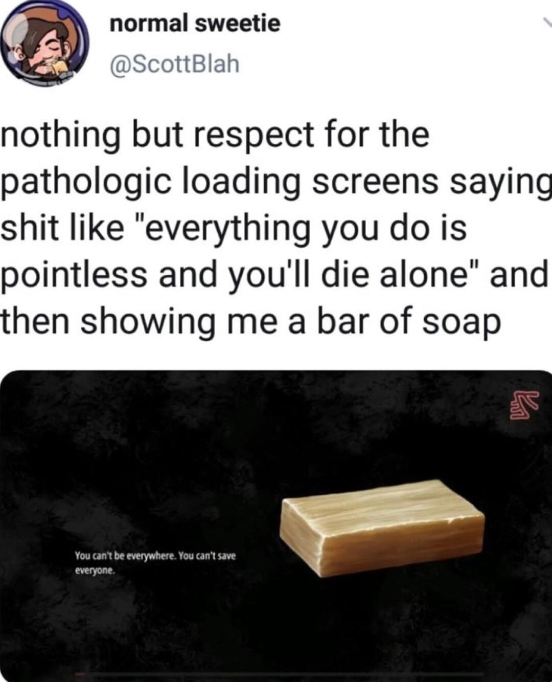 normal sweetie nothing but respect for the pathologic loading screens saying shit like everything you do is pointless and youll die alone and hen showing me a bar of soap