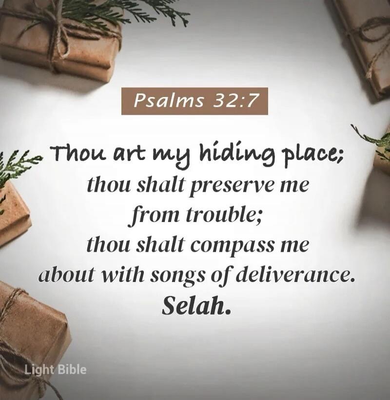 Psalms 32:7 Thou art my hiding place; thou shalt preserve me from trouble; thou shalt compass me about with songs of deliverance. Selah. Light Bible