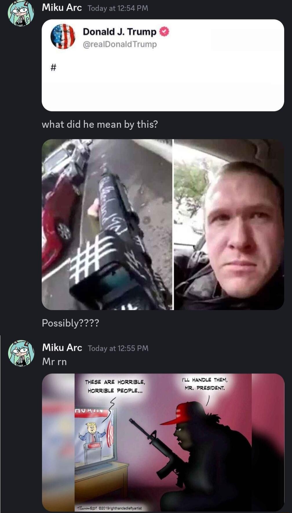Miku Arc Q Donald J Trump what did he mean by this Possibly Miku Arc Mrrn