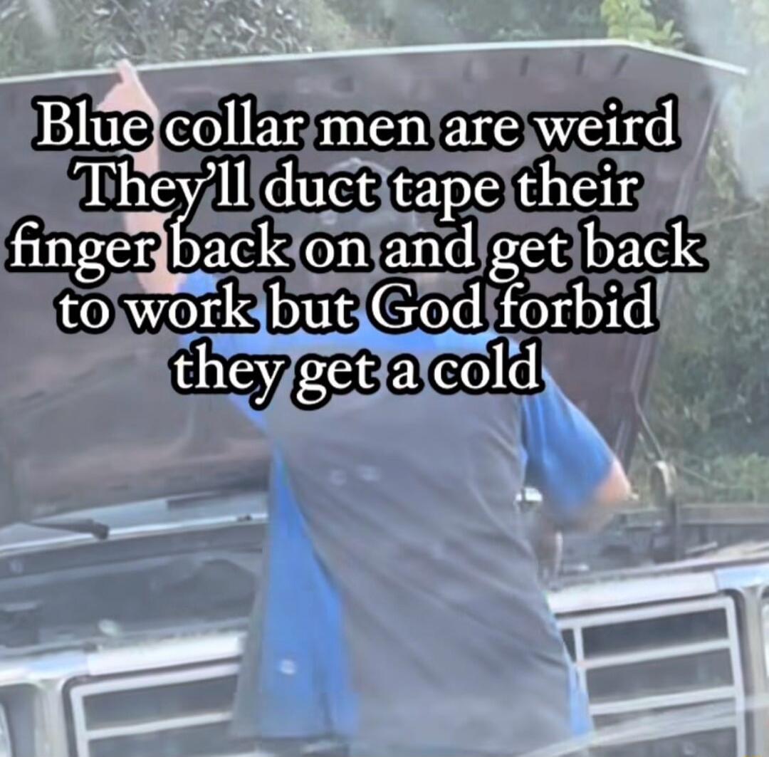 Blue collar men are weird. They'll duct tape their finger back on and get back to work but God forbid they get a cold.