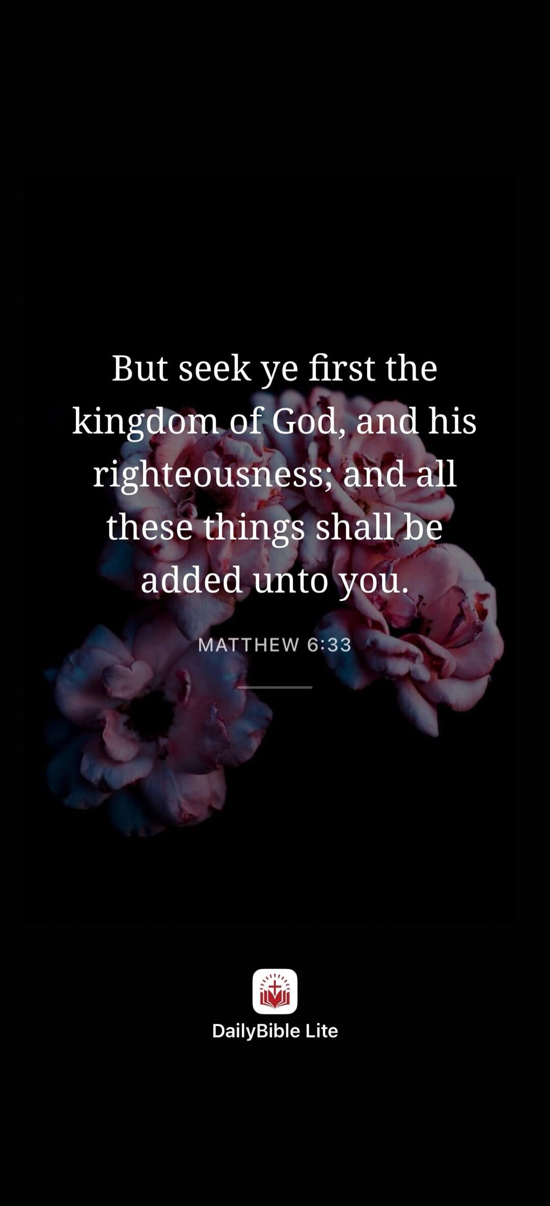 But seek ye first the kingdom of God, and his righteousness; and all these things shall be added unto you. MATTHEW 6:33 DailyBible Lite