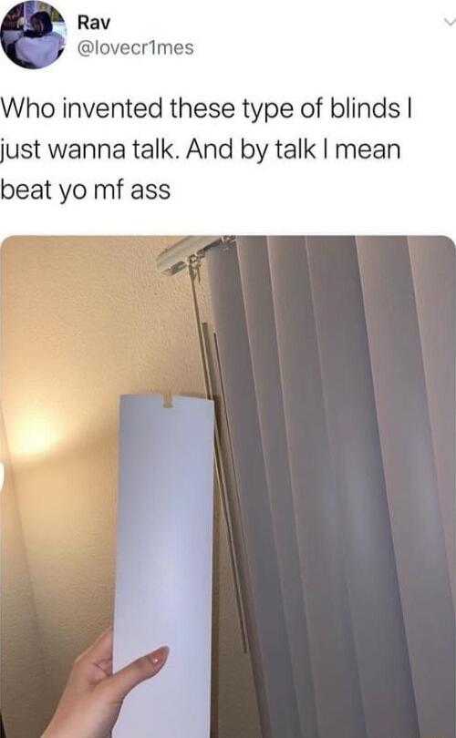 Rav lovecrimes Who invented these type of blinds just wanna talk And by talk mean beat yo mf ass