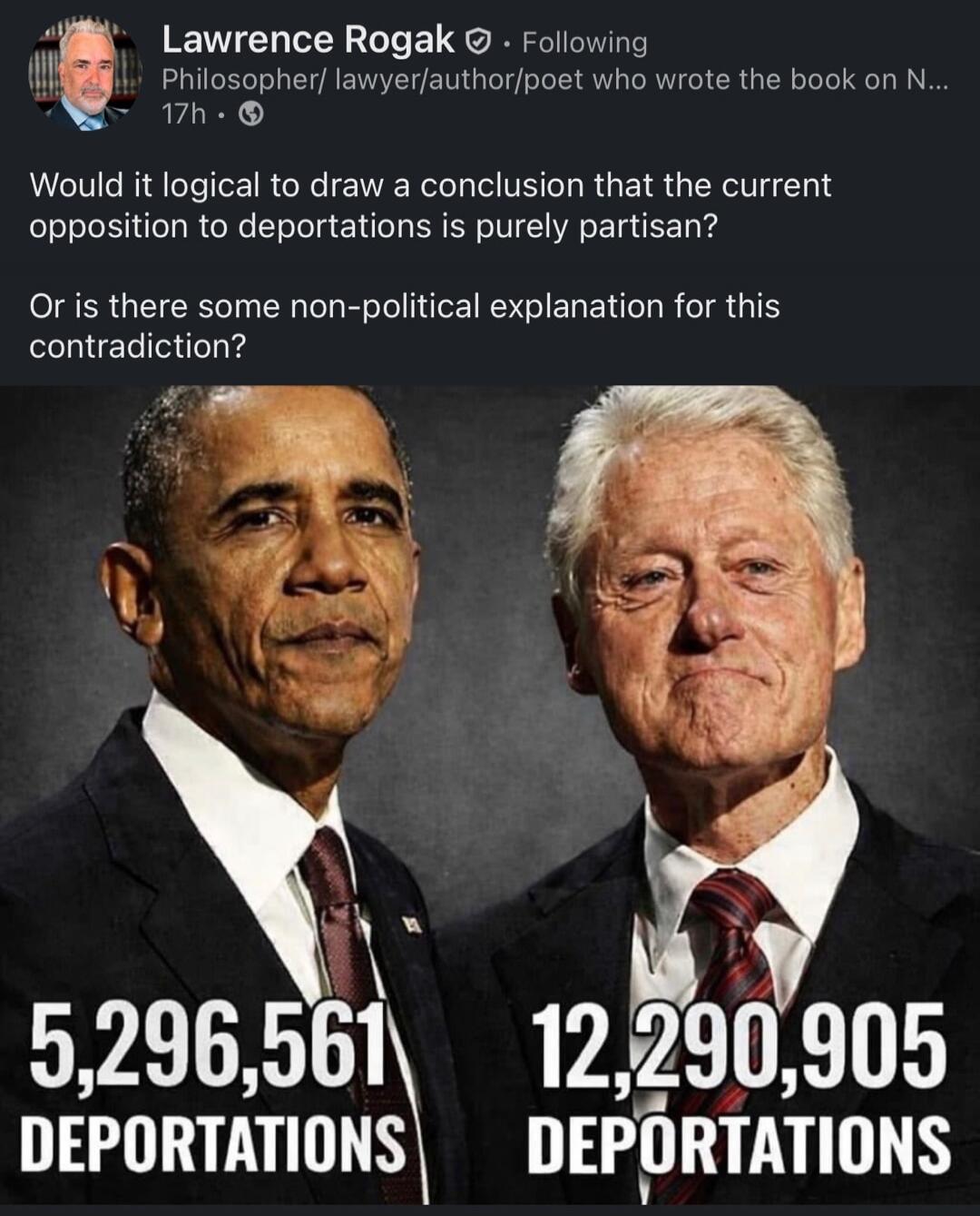 Would it logical to draw a conclusion that the current opposition to deportations is purely partisan? Or is there some non-political explanation for this contradiction?

5,296,561 DEPORTATIONS vs 12,290,905 DEPORTATIONS