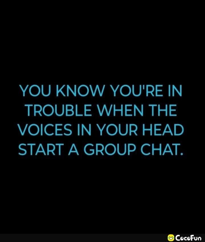 YOU KNOW YOU'RE IN TROUBLE WHEN THE VOICES IN YOUR HEAD START A GROUP CHAT.
