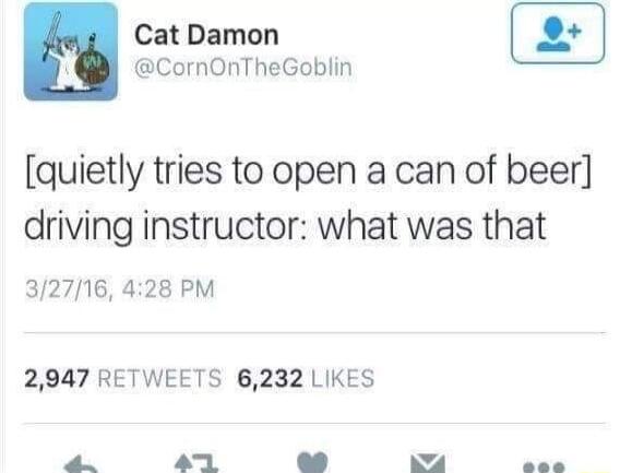 Cat Damon CornOnTheGoblin quietly tries to open a can of beer driving instructor what was that 32716 428 PM 2947 RETWEETS 6232 LIKES s AT ey 4 P