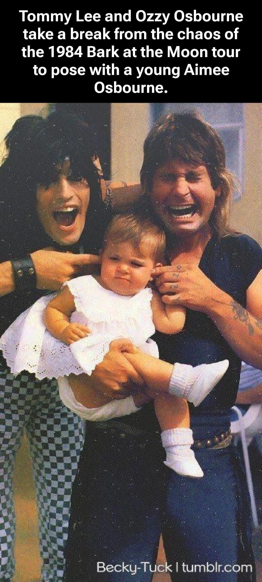 Tommy Lee and Ozzy Osbourne take a break from the chaos of the 1984 Bark at the Moon tour to pose with a young Aimee Osbourne. Becky-Tuck | tumblr.com