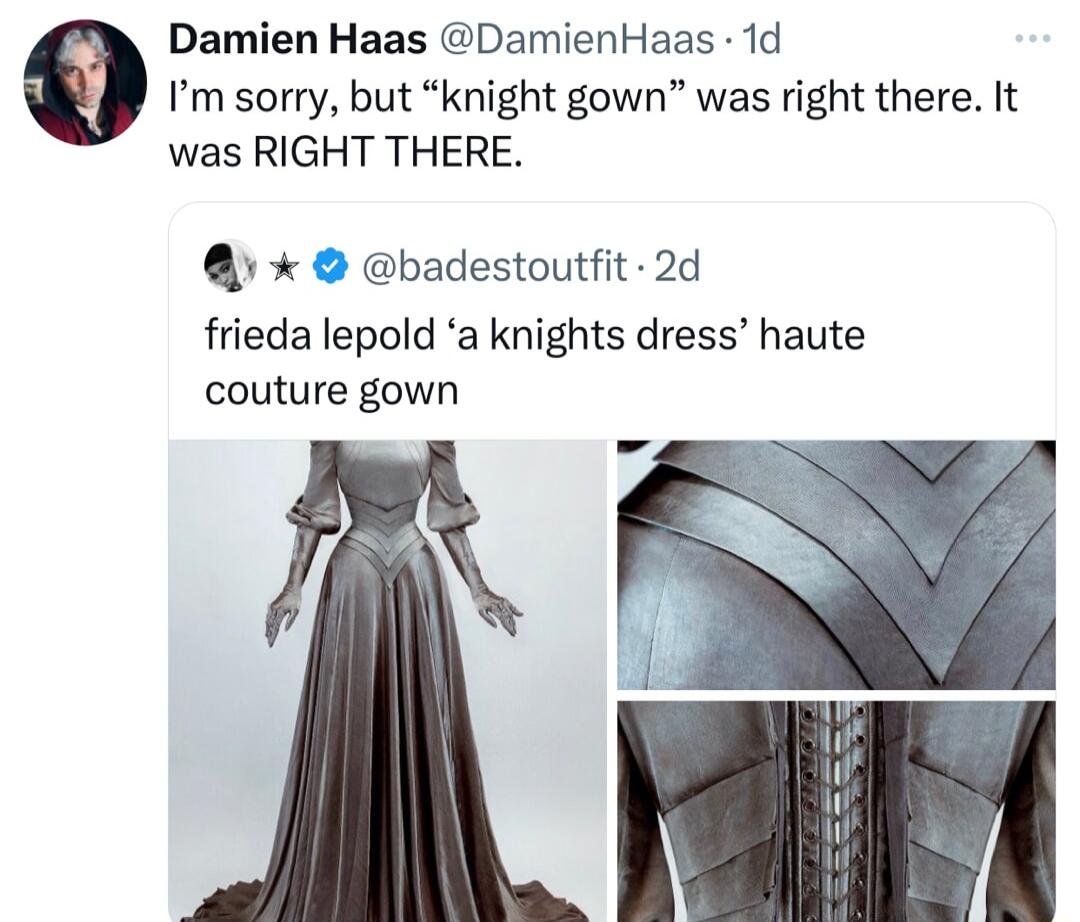 Damien Haas DamienHaas 1d Im sorry but knight gown was right there It was RIGHT THERE badestoutfit 2d frieda lepold a knights dress haute couture gown