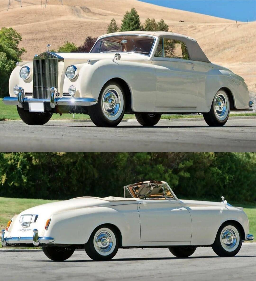 A vintage white Rolls-Royce convertible car is shown from two different angles, front-side and rear-side, parked on an asphalt road with a hilly, natural landscape in the background. The car features classic design elements, chrome accents, and white-wall tires.