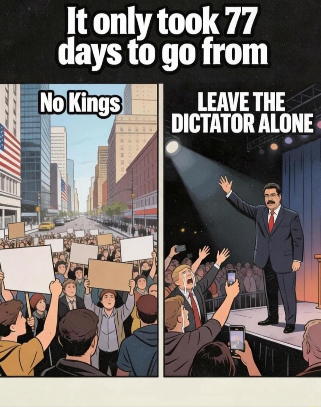 It only took 77 days to go from No Kings LEAVE THE DICTATOR ALONE