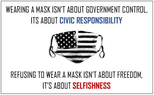 WEARING A MASK ISNT ABOUT GOVERNMENT CONTROL TS ABOUT CIVIC RESPONSIBILITY REFUSING TO WEAR A MASK ISNT ABOUT FREEDOM ITS ABOUT SELFISHNESS